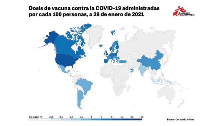 Mapa - Dosis de vacuna contra la COVID-19 administradas por cada 11 personas, a 28 de enero de 2021