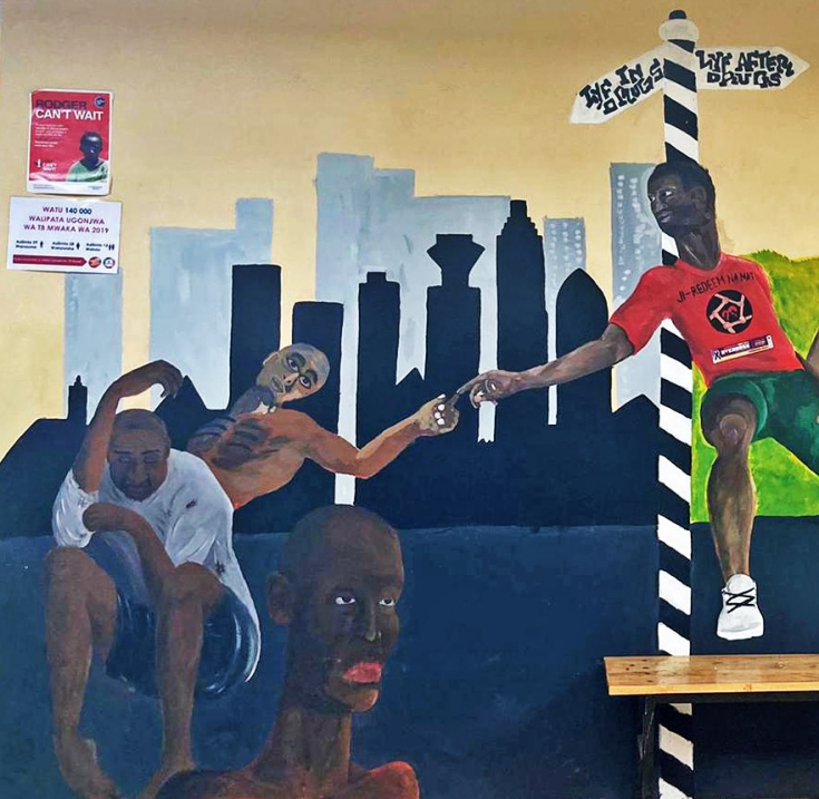 Parte izquierda del mural de la clínica de superación de la adicción a la heroína