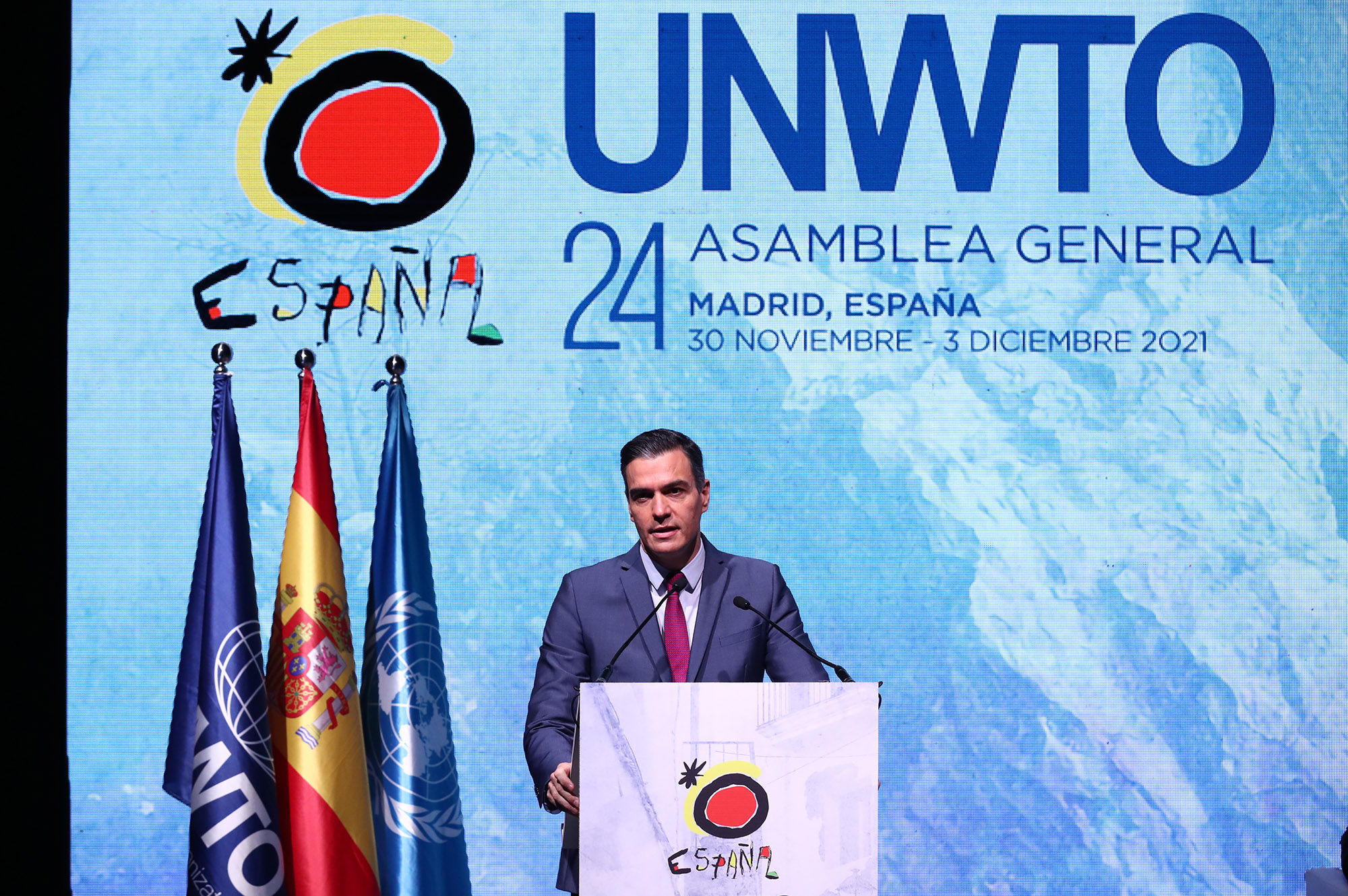 El presidente del Gobierno, Pedro Sánchez, durante su intervención en la Asamblea General de la Organización Mundial del Turismo