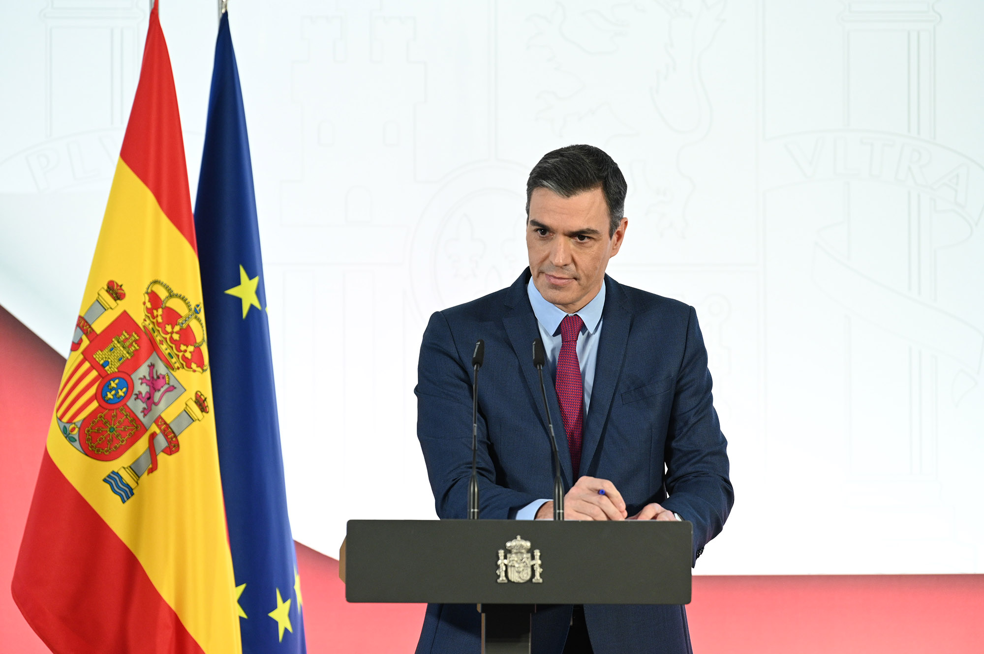 El presidente del Gobierno, Pedro Sánchez, durante su comparecencia antes los medios de comunicación