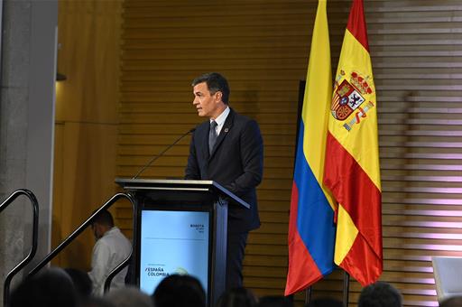 El presidente del Gobierno, Pedro Sánchez, durante su intervención en la inauguración del Encuentro Empresarial España-Colombia